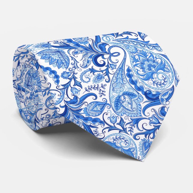 Cravate Motif artistique de paisley floral bleu blanc moye (Roulé)