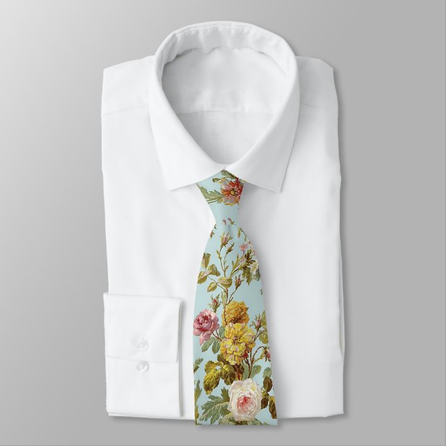 Cravate Motif artistique de roses roses pastel sur fond bl (Attaché)