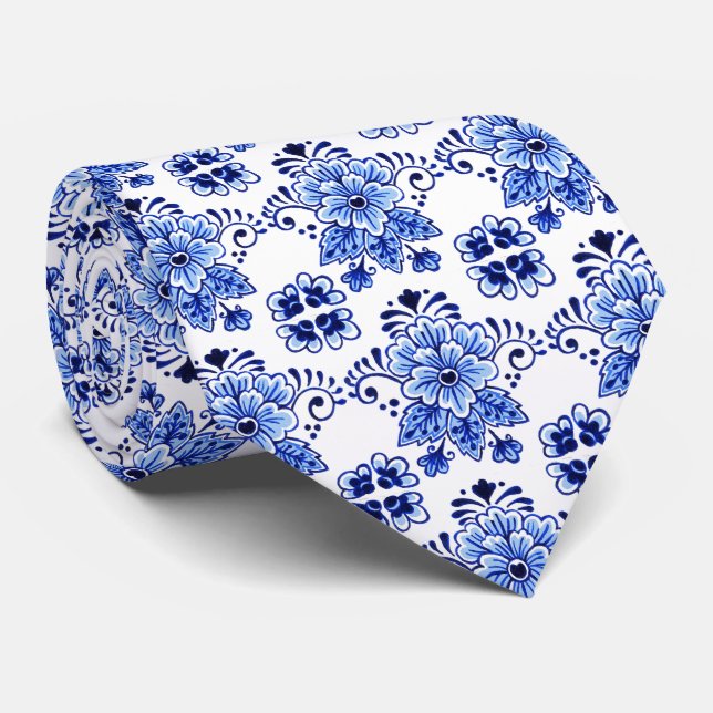Cravate Motif artistique floral bleu de Delft hollandais c (Roulé)