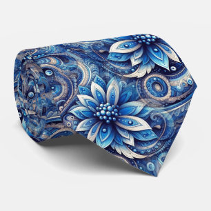 Cravate Motif artistique paisley bleu marine azur foncé no