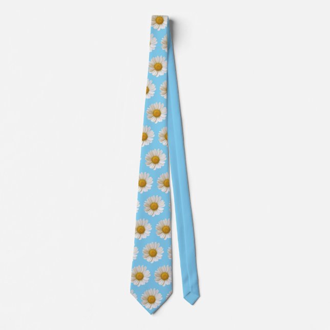 Cravate Motif blanc marguerite sur bleu clair (Devant)