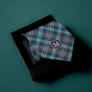 Cravate Motif bleu et vert de plaid décoré d'un monogram
