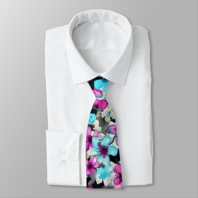 Cravate Motif bleu rose blanc Aquarelle noire (Attaché)