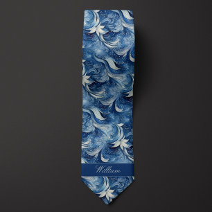 Cravate Motif botanique bleu et blanc
