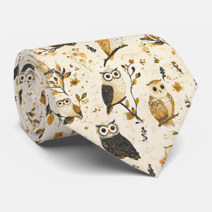 Cravate Motif botanique faunique de chouette beige élégant