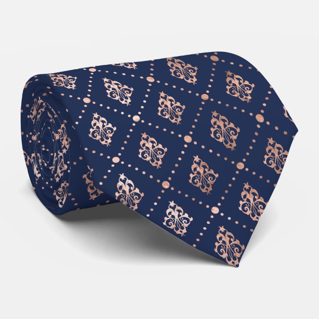 Cravate Motif botanique pointillé Rose or bleu marine (Roulé)