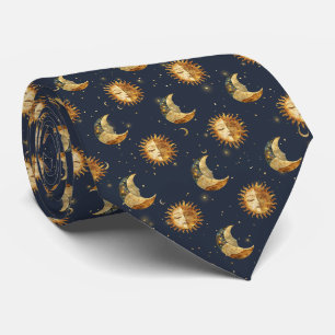 Cravate Motif Céleste Soleil & Lune Nuit Étoilée Or