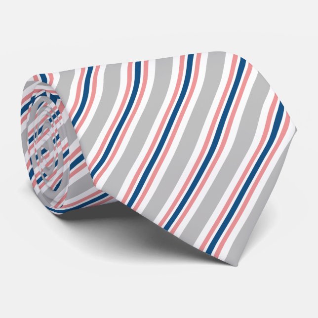 Cravate Motif chic bleu gris rose blanc rayures (Roulé)