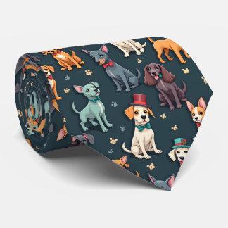 Cravate Motif Chiens Élégants en Nœuds Papillon et Chapeau
