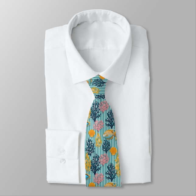 Cravate Motif Coloré de la Vie Marine Côtière (12) (Attaché)