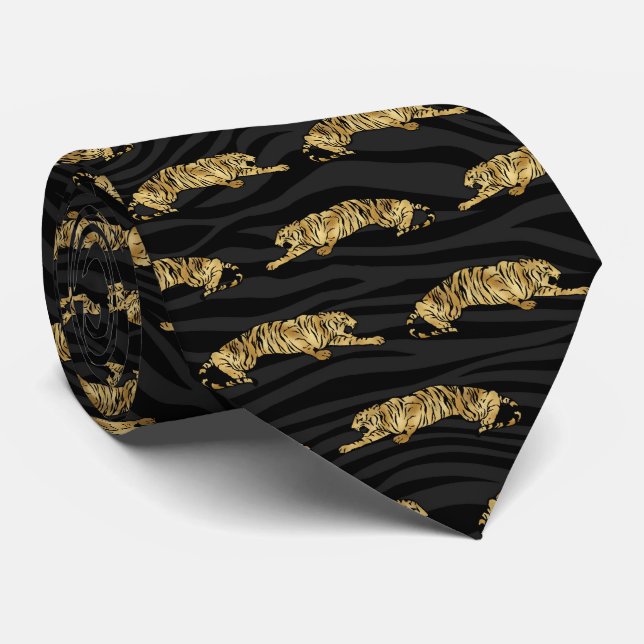 Cravate motif cool de tigre d'or noir (Roulé)