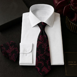Cravate Motif damassé floral de Bourgogne noir en continu 