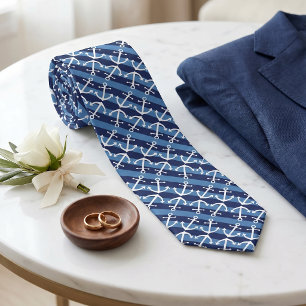 Cravate Motif d'ancre blanche nautique avec rayures bleu a