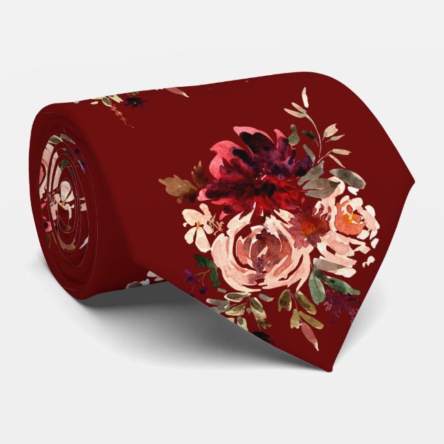 Cravate Motif d'aquarelle bordeaux et bleu (Roulé)