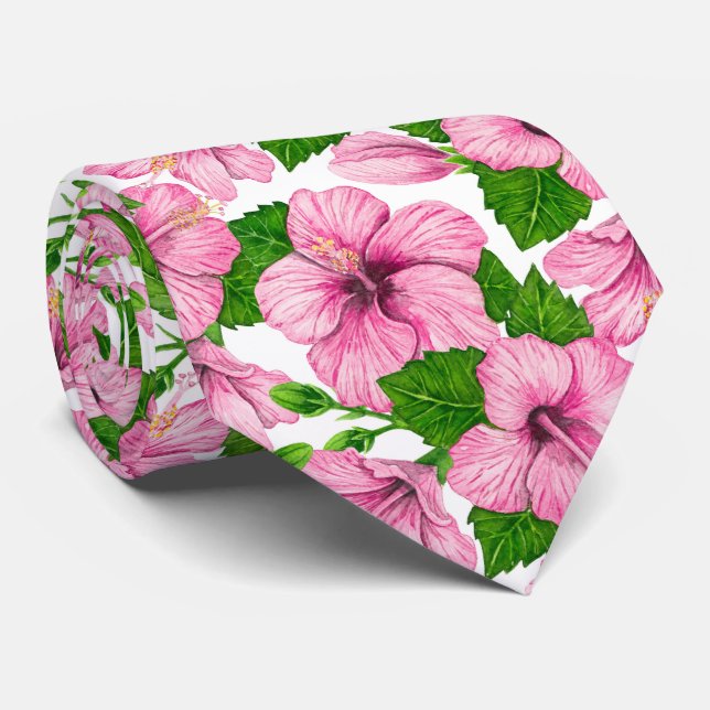 Cravate Motif d'aquarelle d'hibiscus rose (Roulé)