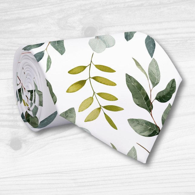 Cravate Motif d'aquarelle Feuille vert monogramme (Créateur téléchargé)