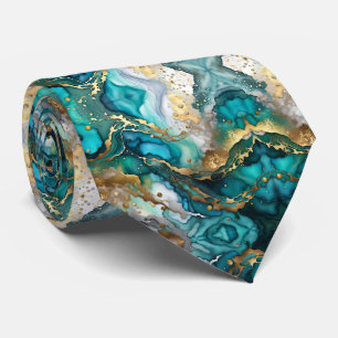 Cravate Motif d'art fluide en marbre sarcelle et or de lux