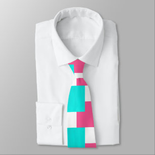 Cravate Motif de bloc couleur blanc rose chaud Turquoise