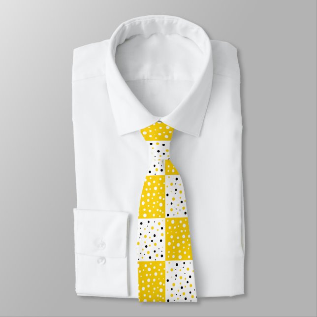 Cravate Motif de bloc couleur bleu et blanc Polka Jaune (Attaché)