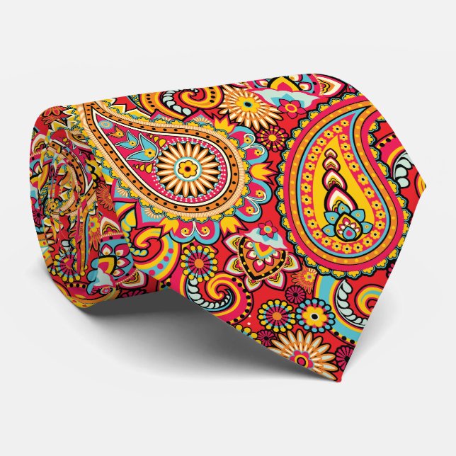 Cravate Motif de Bohème floral rouge lumineux de Paisley (Roulé)