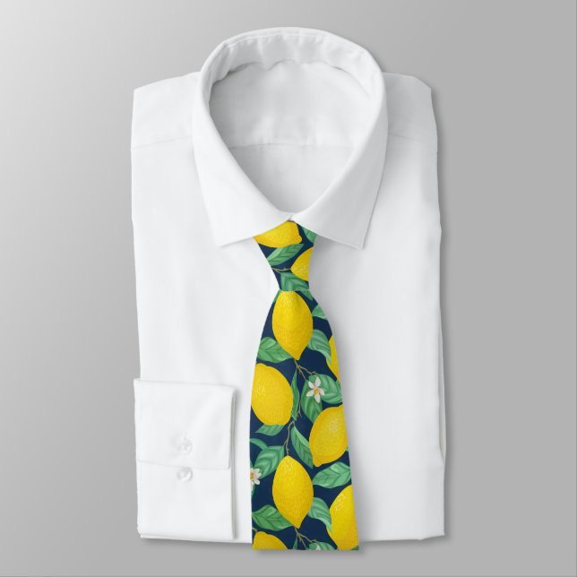 Cravate Motif de citron bleu de la marine jaune  (Attaché)
