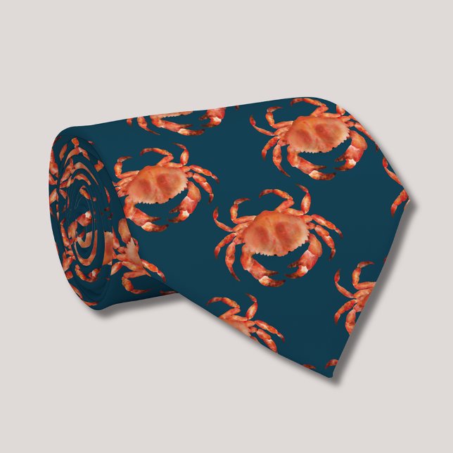Cravate Motif de crabes côtiers (Brown crab tie on navy blue background. Coatal Chic Clothing)