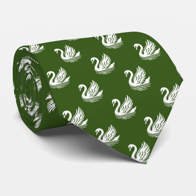Cravate Motif de cygne - Blanc sur vert forestier (Roulé)