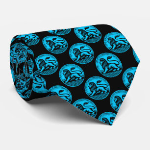 Cravate Motif de disque Lion - noir et bleu ciel sur noir