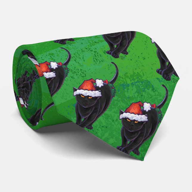 Cravate Motif de fête de chat noir sur le vert (Roulé)