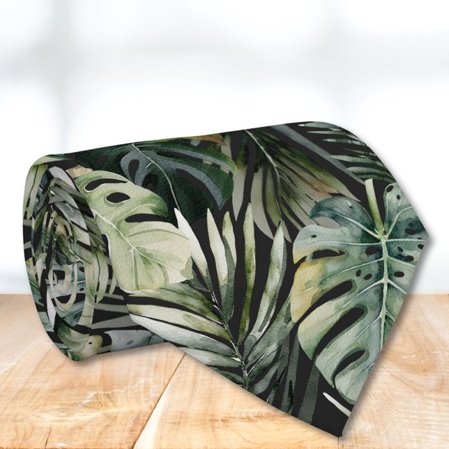Cravate Motif de feuilles de forêt tropicale verte aquarel (In situ)