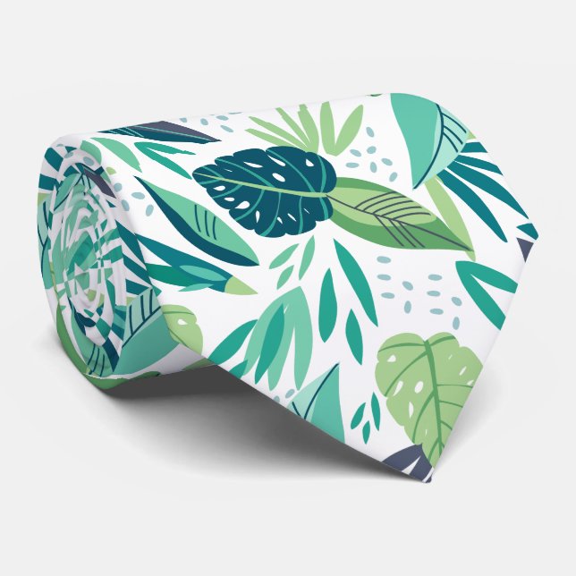 Cravate Motif de feuilles tropicales vertes et blanches (Roulé)