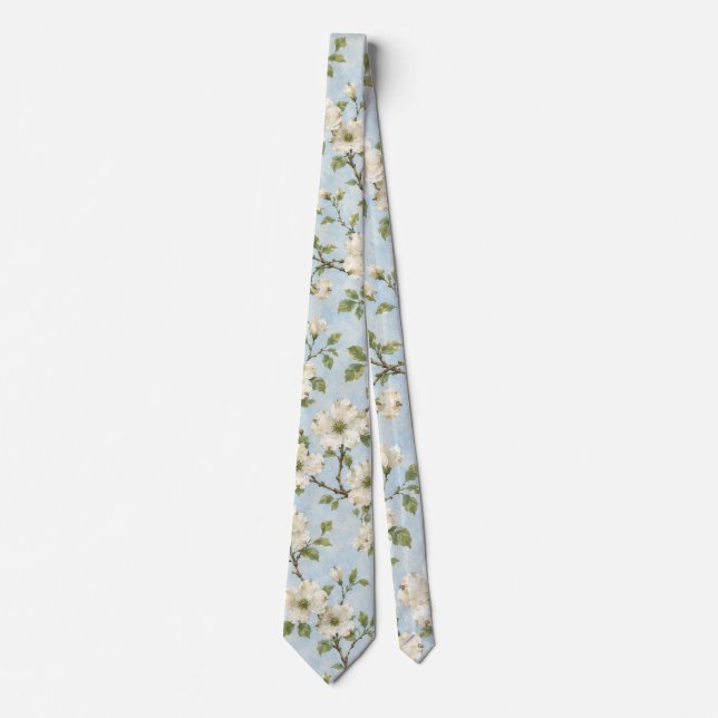 Cravate Motif de fleur de cornouiller du Sud sur fond bleu (Devant)
