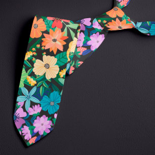Cravate Motif de fleurs arc-en-ciel noir rétros