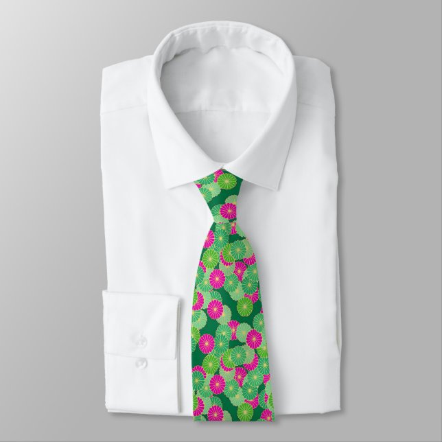 Cravate Motif de fleurs Art Déco - tons verts, fuchsia (Attaché)