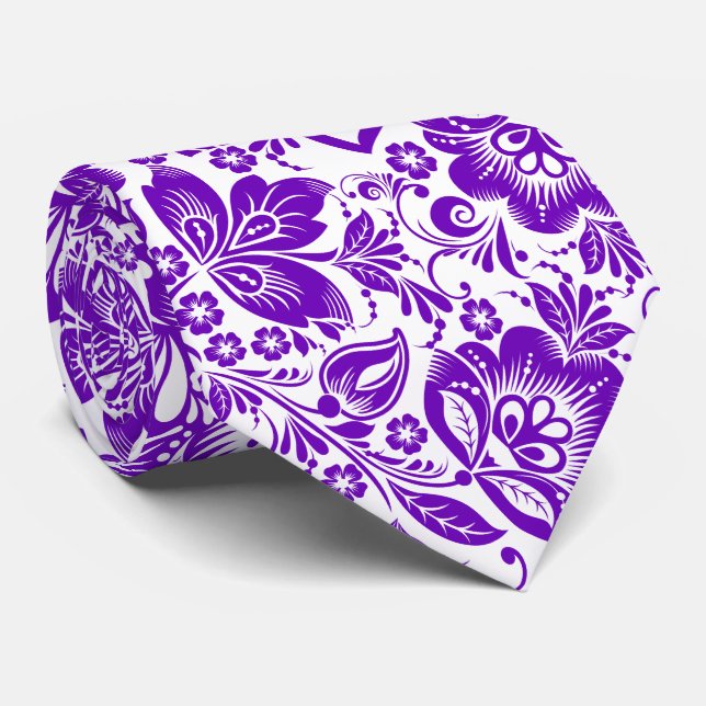Cravate Motif De Fleurs Baroques Violettes Et Blanches (Roulé)