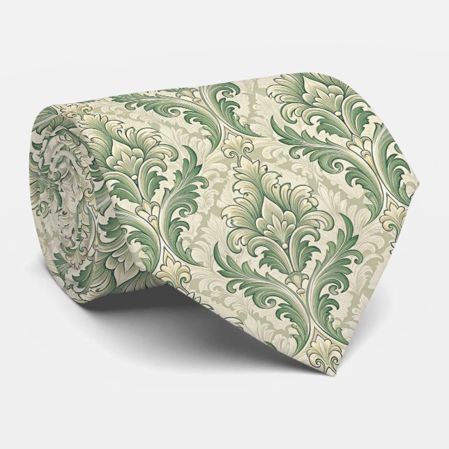 Cravate Motif de fleurs botaniques vintage vert et beige (Roulé)