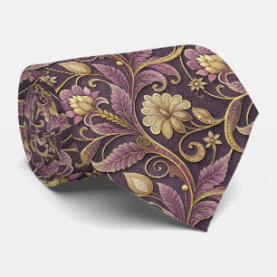 Cravate Motif de fleurs embossées violet et or