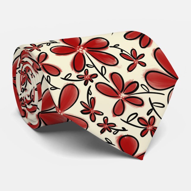 Cravate Motif de fleurs rouges (Roulé)