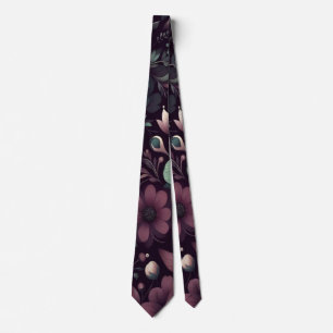 Cravate Motif de fleurs violettes foncées et vertes