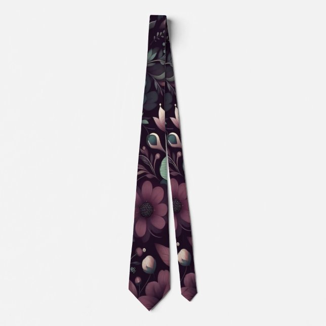 Cravate Motif de fleurs violettes foncées et vertes (Devant)