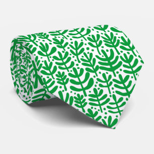 Cravate Motif de fougère - Vert gazon sur blanc