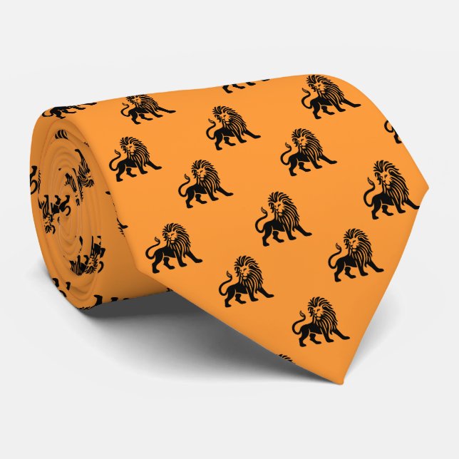 Cravate Motif de Lion - Noir sur Orange clair (Roulé)