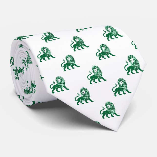 Cravate Motif de Lion - Vert de la forêt sur blanc (Roulé)