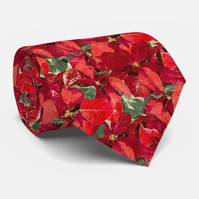 Cravate Motif de Noël Rouge Poinsettia (Roulé)