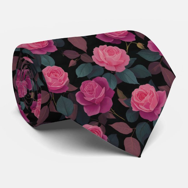 Cravate Motif de rose rose floral foncé (Roulé)