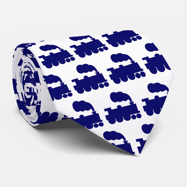 Cravate Motif de train à vapeur - Deep Navy Blue sur blanc (Roulé)