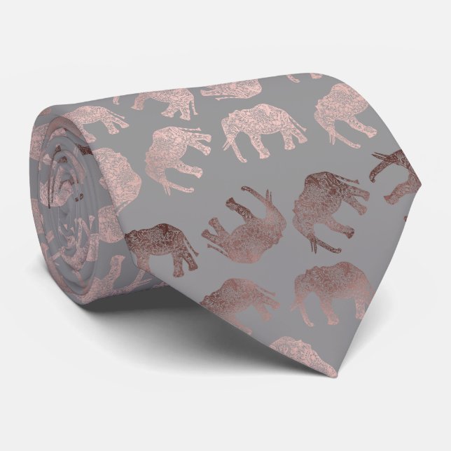 Cravate motif d'éléphants tribaux en or clair rose élégant (Roulé)