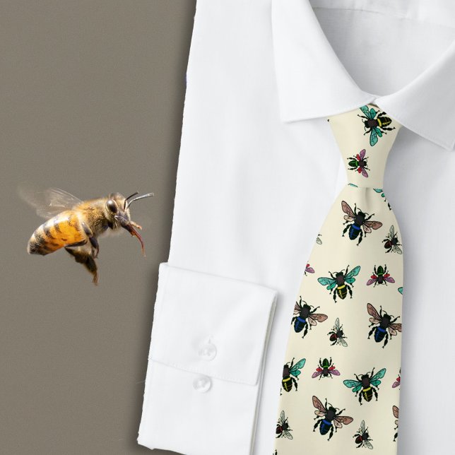 Cravate Motif des abeilles en effervescence Ecru (Créateur téléchargé)