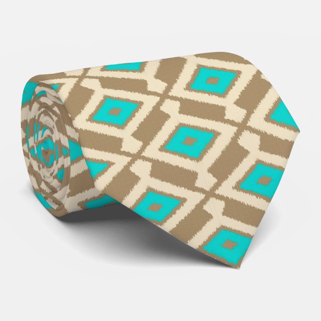 Cravate Motif d'Ikat - turquoise, Taupe et beige (Roulé)