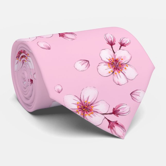 Cravate Motif en fleurs de cerisier rose (Roulé)